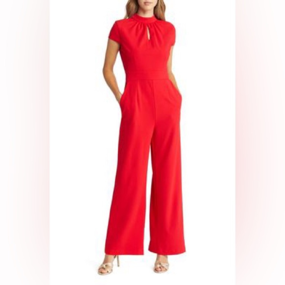 TAHARI ASL Keyhole Neck Jumpsuit in Ruby